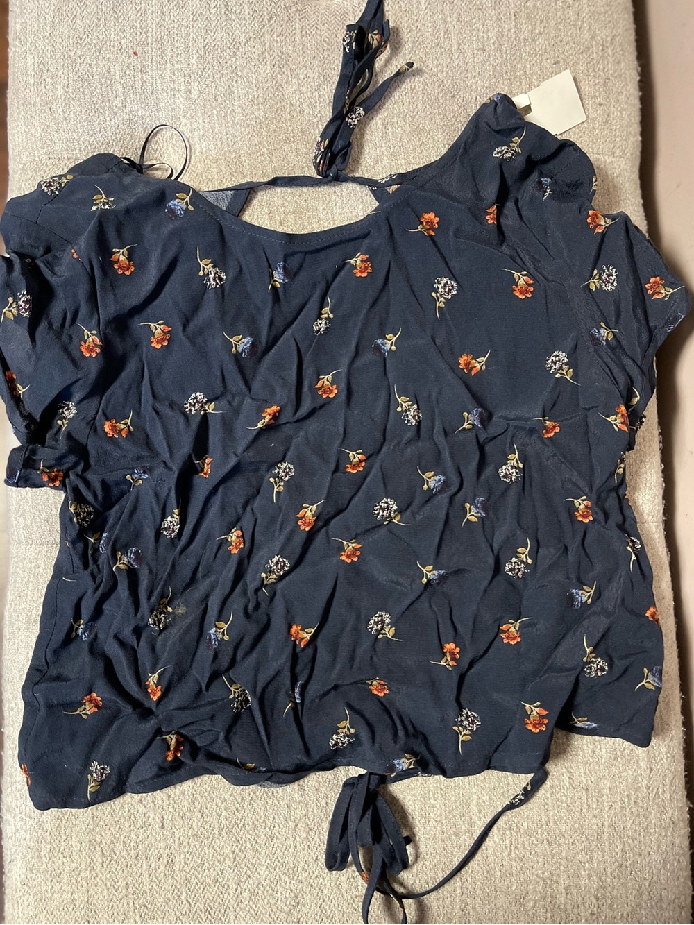 Navy Floral Open Back Short Sleeve Blouse Size M
